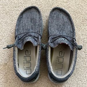 Gray and navy tweed fabric Hey Dudes Wally loafers, size 8
